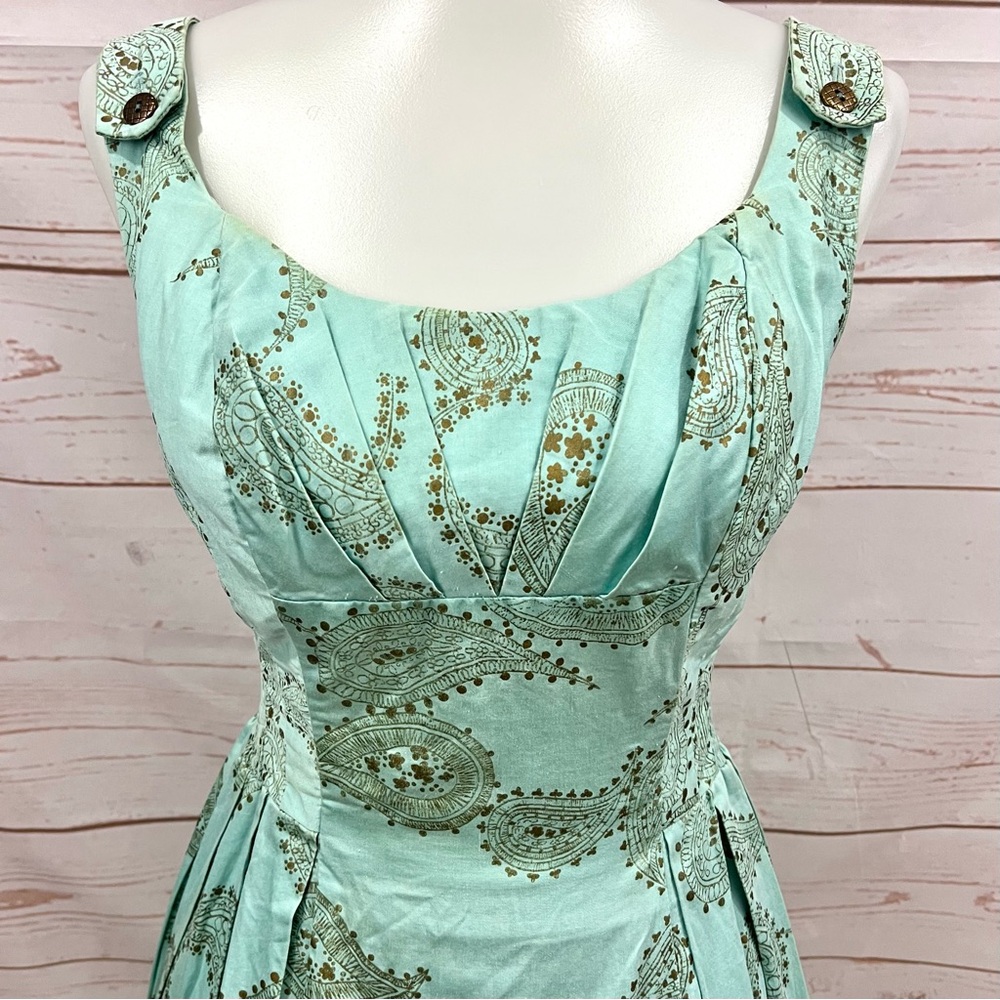 Vintage Alfred Shaheen Hawaiian Seafoam Gold Metallic Paisley Bombshell Dress - Picture 4 of 17
